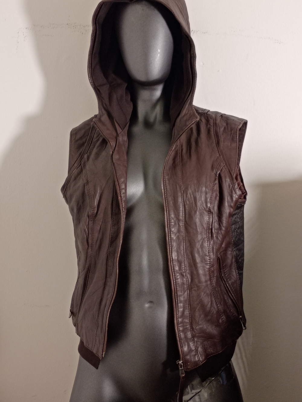 PLEASE Brown Faux Leather Hooded Quilted-Lining Vest